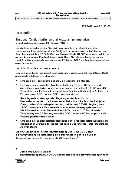 Vorschauseite 1: Einigung für die Ärztinnen und Ärzte an kommunalen Krankenhäusern vom 13. Januar 2025