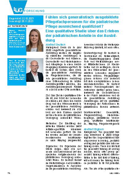 Vorschauseite 1: Fühlen sich generalistisch ausgebildete Pflegefachpersonen für die pädiatrische Pflege ausreichend qualifiziert? Eine qualitative Studie über das Erleben der pädiatrischen Anteile…