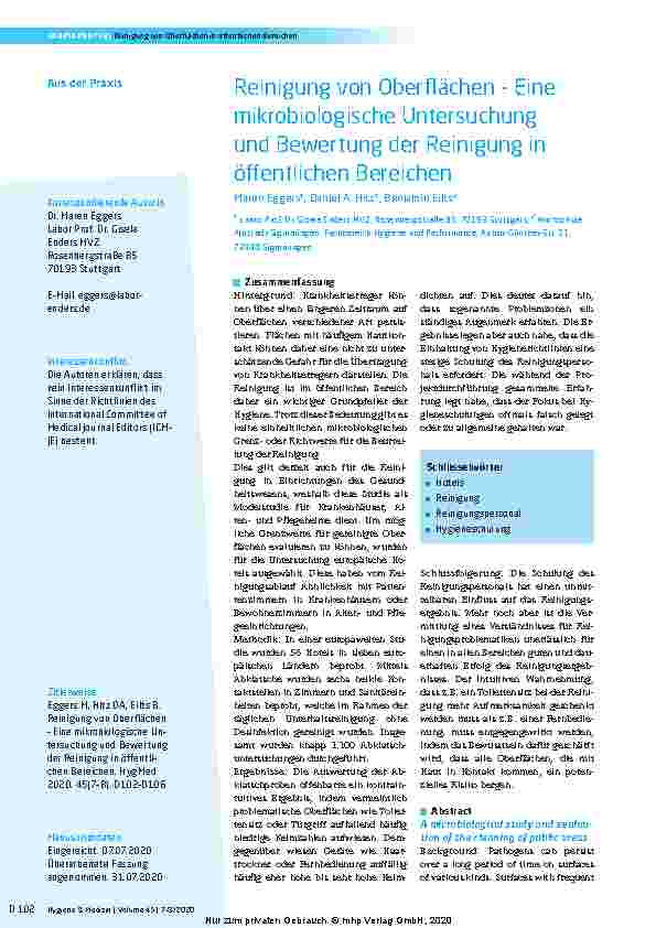 Vorschauseite 1: Reinigung von Oberflächen - Eine mikrobiologische Untersuchung und Bewertung der Reinigung in öffentlichen Bereichen
