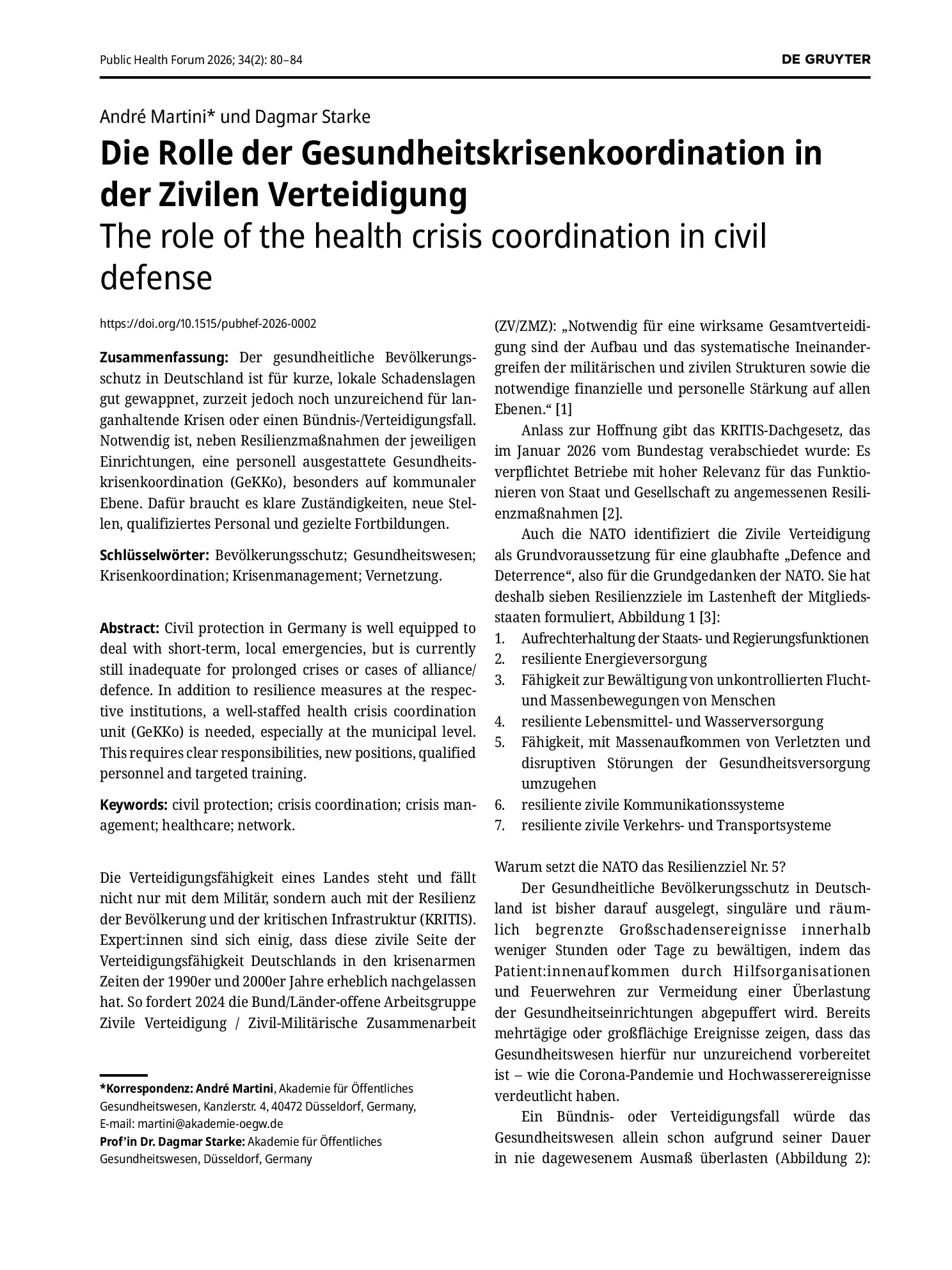 Vorschauseite 1: Die Rolle der Gesundheitskrisenkoordination in der Zivilen Verteidigung