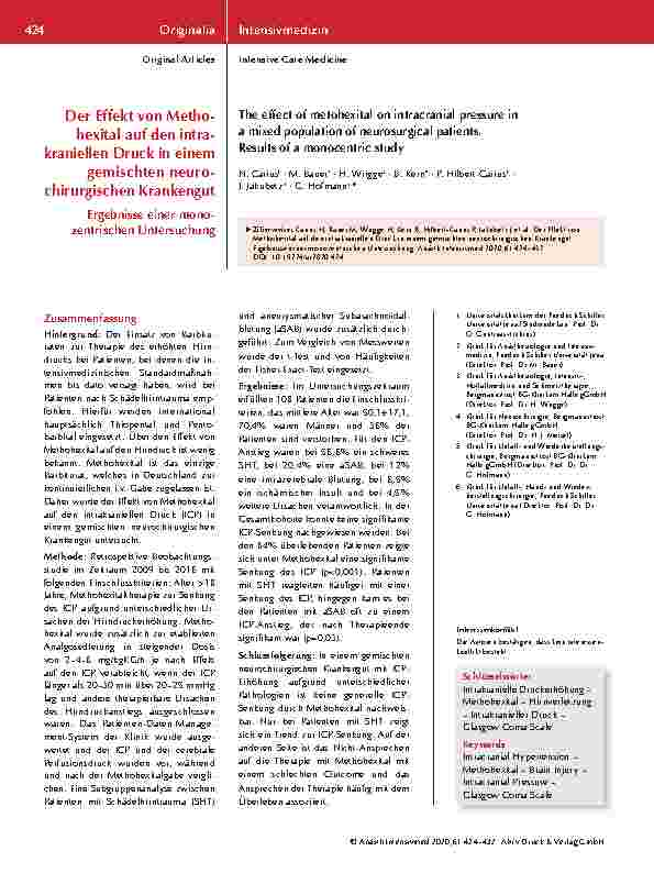 Vorschauseite 1: Der Effekt von Methohexital auf den intrakraniellen Druck in einem gemischten neurochirurgischen Krankengut: Ergebnisse einer monozentrischen Untersuchung.