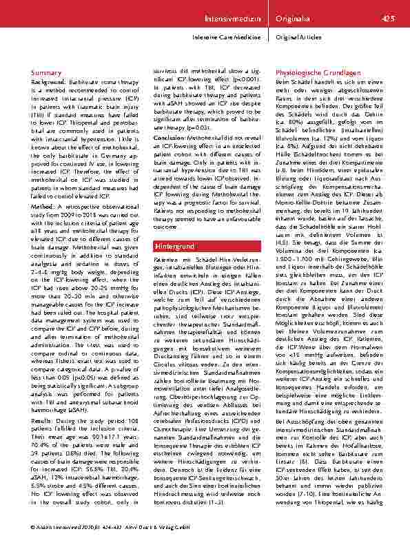 Vorschauseite 2: Der Effekt von Methohexital auf den intrakraniellen Druck in einem gemischten neurochirurgischen Krankengut: Ergebnisse einer monozentrischen Untersuchung.