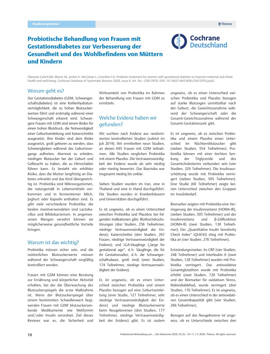Vorschauseite 1: Probiotische Behandlung von Frauen mit Gestationsdiabetes zur Verbesserung der Gesundheit und des Wohlbefindens von Müttern und Kindern