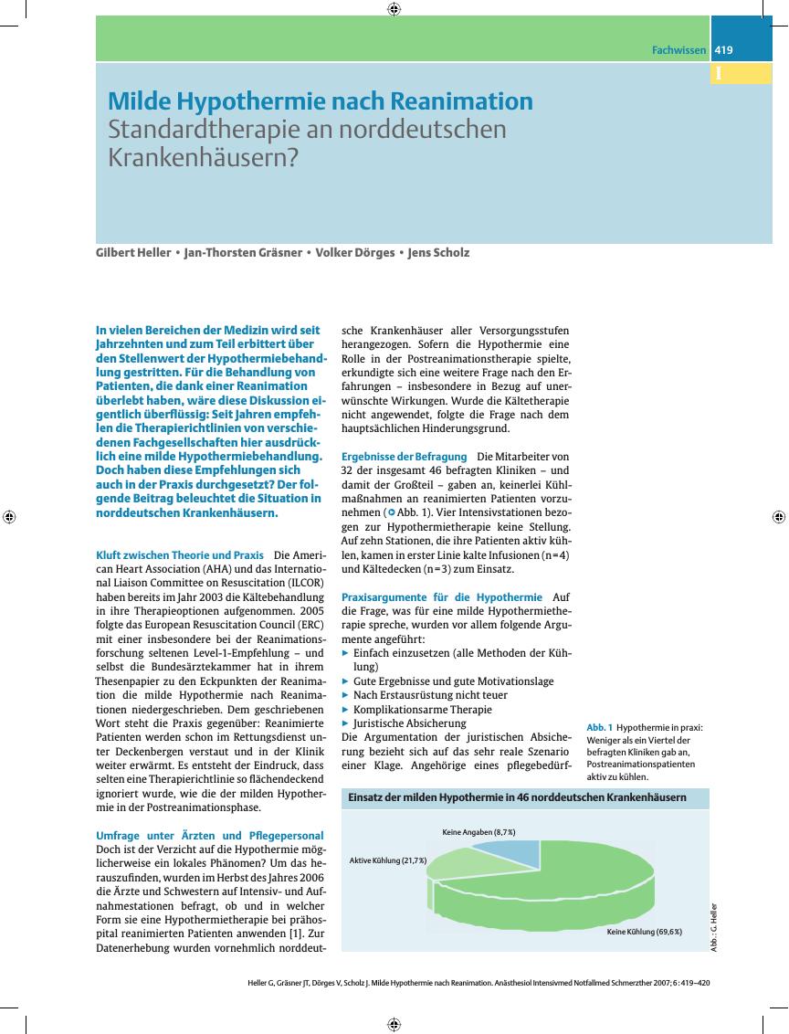 Vorschauseite 1: Milde Hypothermie nach Reanimation - Standardtherapie an norddeutschen Krankenhäusern?