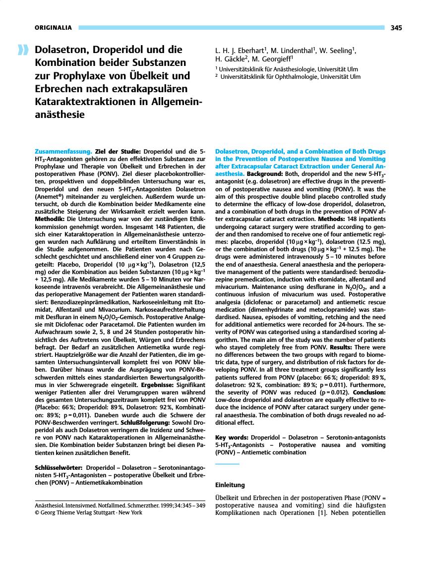 Vorschauseite 1: Dolasetron, Droperidol und die Kombination beider Substanzen zur Prophylaxe von Übelkeit und Erbrechen nach extrakapsulären Kataraktextraktionen in Allgemeinanästhesie