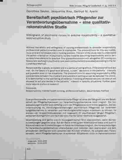 Vorschauseite 1: Bereitschaft psychiatrisch Pflegender zur Verantwortungsübernahme = eine qualitativ-rekonstruktive Studie
