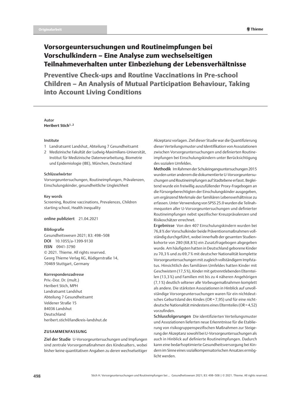 Vorschauseite 1: Vorsorgeuntersuchungen und Routineimpfungen bei Vorschulkindern – Eine Analyse zum wechselseitigen Teilnahmeverhalten unter Einbeziehung der Lebensverhältnisse