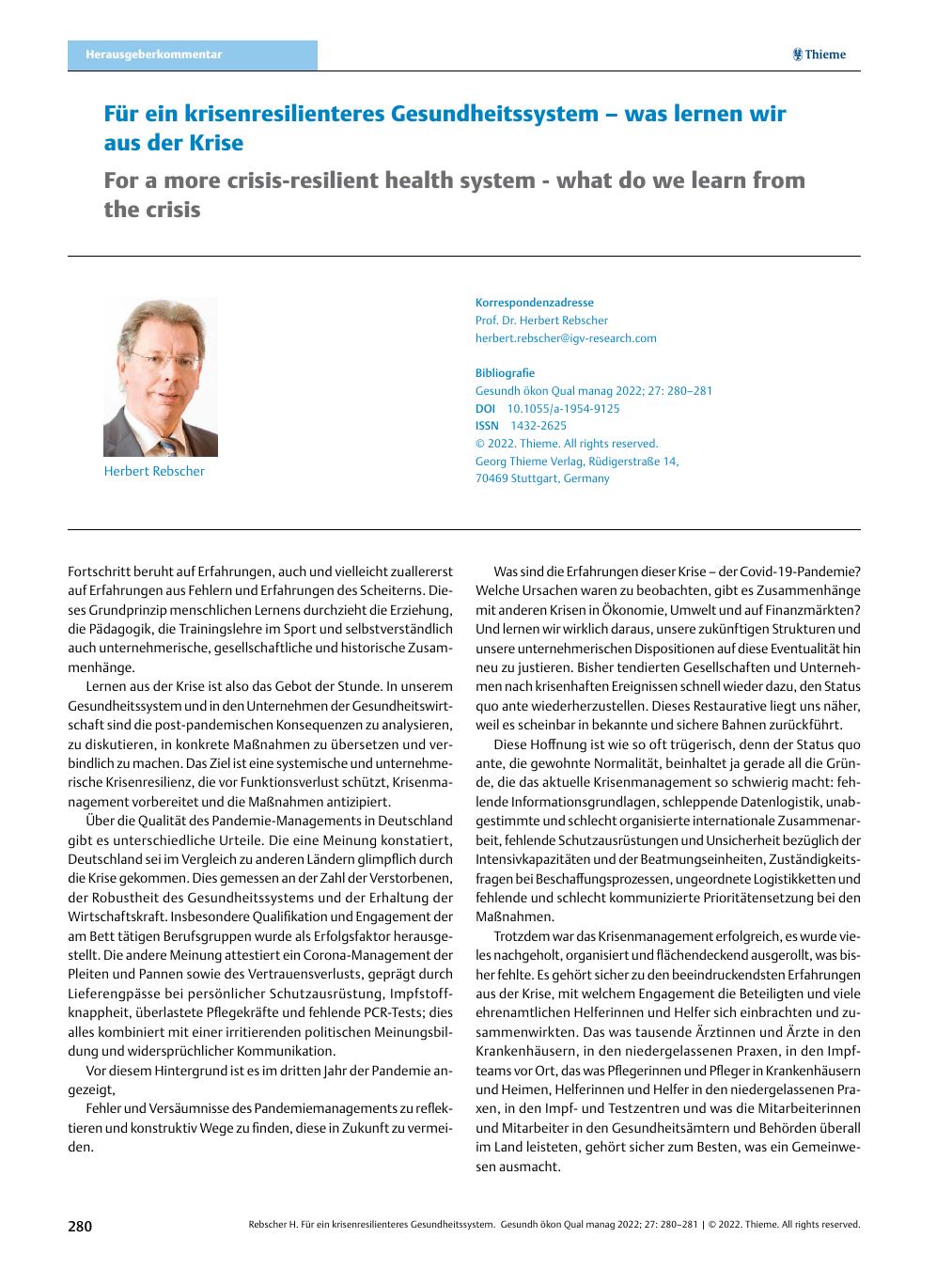 Vorschauseite 1: Für ein krisenresilienteres Gesundheitssystem – was lernen wir aus der Krise?