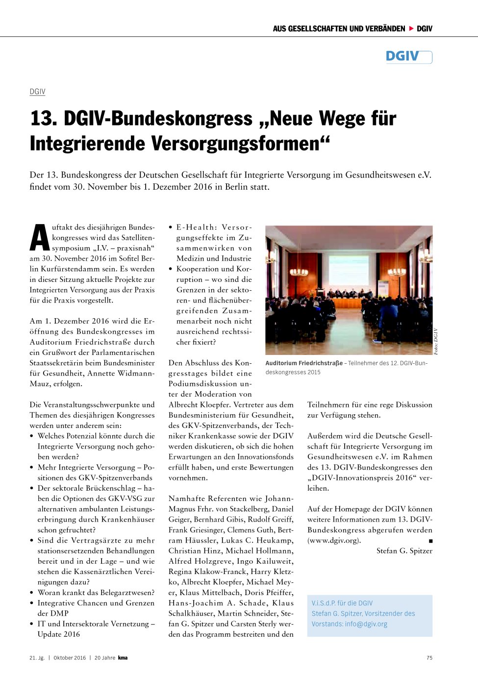 Vorschauseite 1: DGIV: 13. DGIV-Bundeskongress „Neue Wege für Integrierende Versorgungsformen“