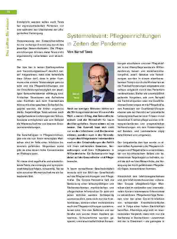 Vorschauseite 1: Systemrelevant: Pflegeeinrichtungen in Zeiten der Pandemie