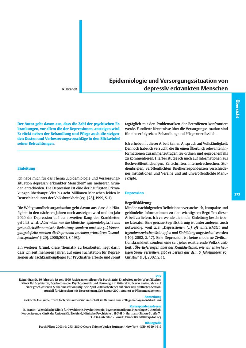 Vorschauseite 1: Epidemiologie und Versorgungssituation von depressiv erkrankten Menschen