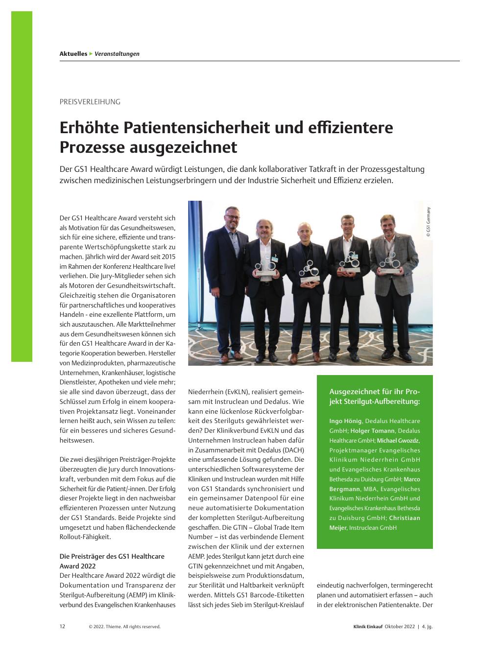 Vorschauseite 1: Preisverleihung: Erhöhte Patientensicherheit und effizientere Prozesse ausgezeichnet