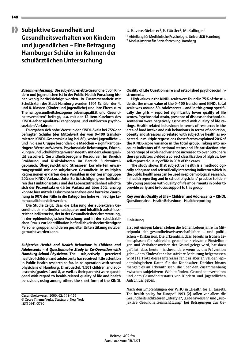 Vorschauseite 1: Subjektive Gesundheit und Gesundheitsverhalten von Kindern und Jugendlichen - Eine Befragung Hamburger Schüler im Rahmen der schulärztlichen Untersuchung