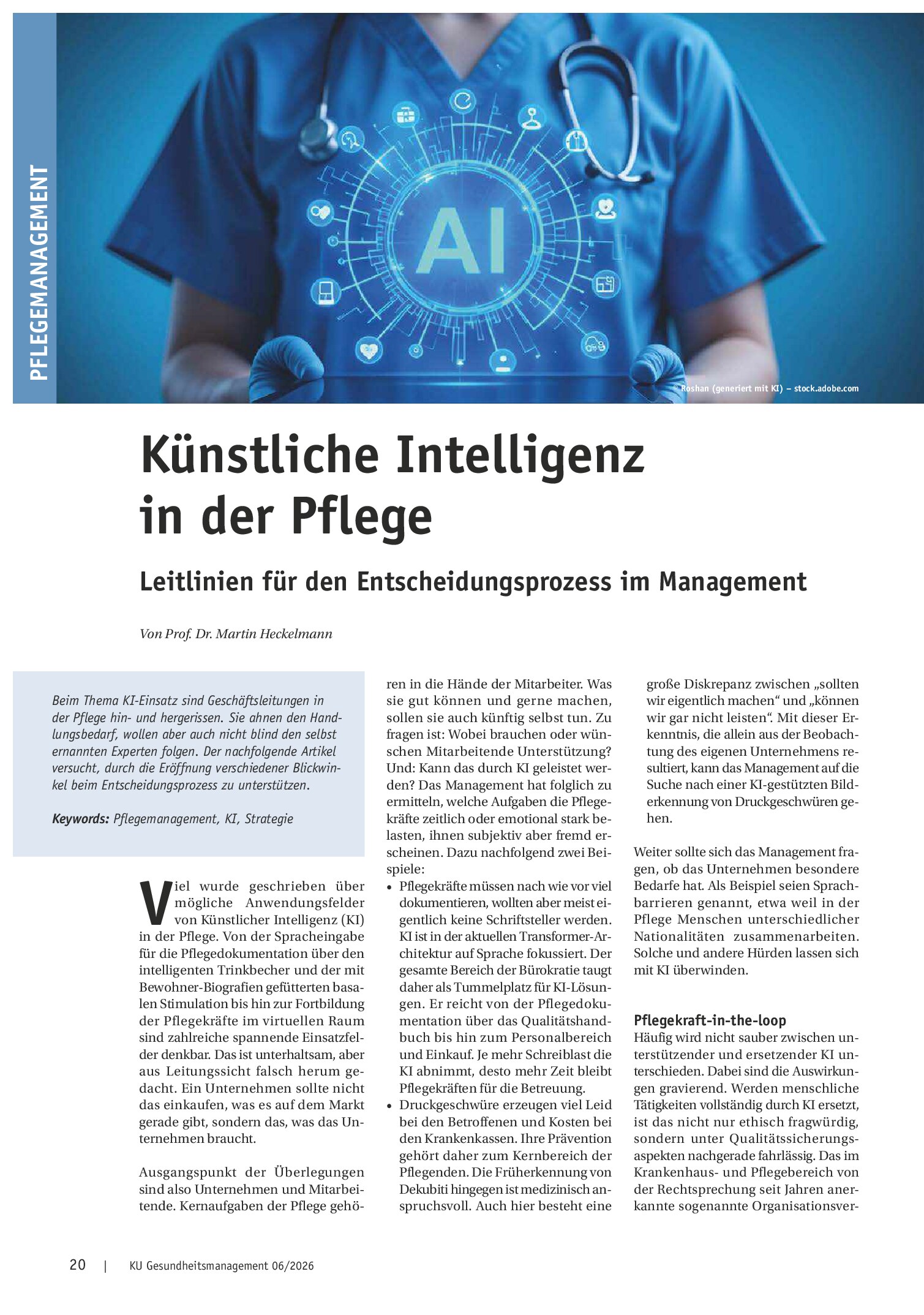 Vorschauseite 1: Künstliche Intelligenz in der Pflege – Leitlinien für den Entscheidungsprozess im Management