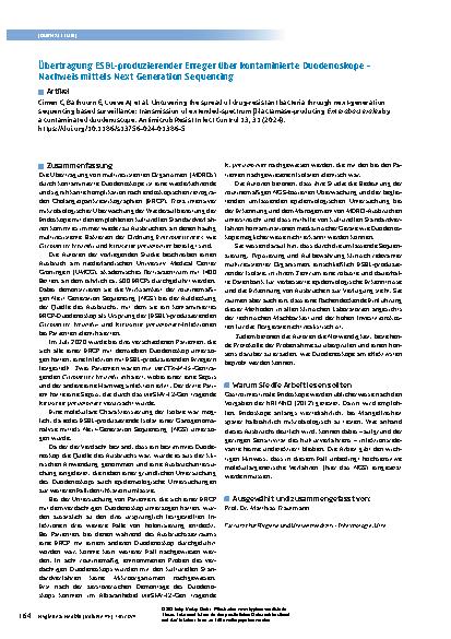 Vorschauseite 1: Übertragung ESBL-produzierender Erreger über kontaminierte Duodenoskope – Nachweis mittels Next Generation Sequencing