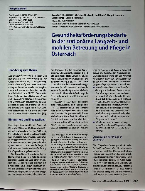 Vorschauseite 1: Gesundheitsförderungsbedarfe in der stationären Langzeitund mobilen Betreuung und Pflege in Österreich