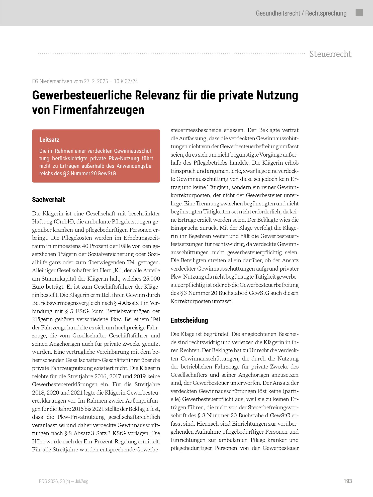 Vorschauseite 1: Gewerbesteuerliche Relevanz für die private Nutzung von Firmenfahrzeugen