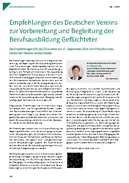 Vorschauseite 1: Empfehlungen des Deutschen Vereins zur Vorbereitung und Begleitung der Berufsausbildung Geflüchteter