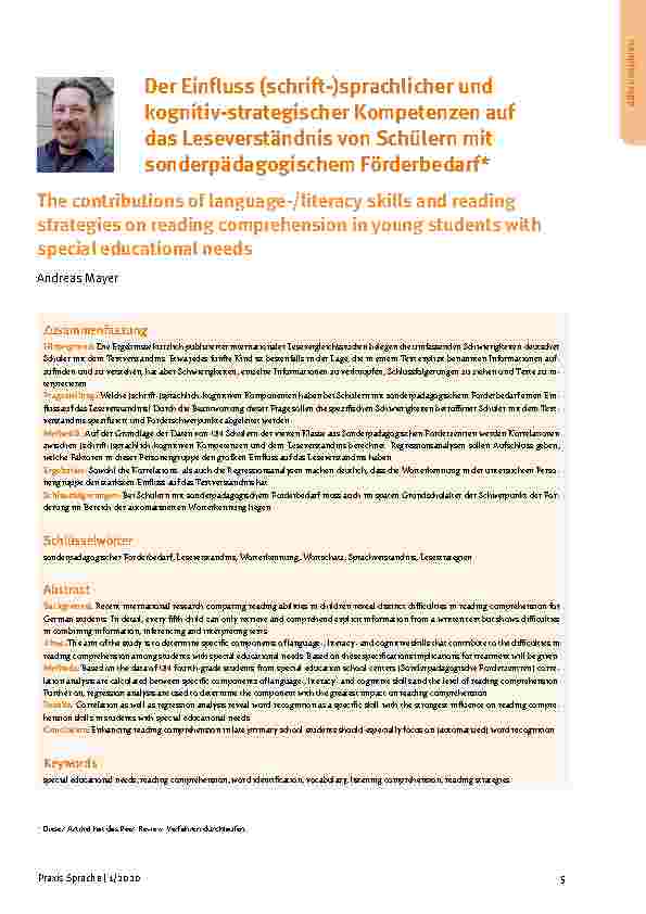 Vorschauseite 1: Der Einfluss (schrift-)sprachlicher und kognitiv-strategischer Kompetenzen auf das Leseverständnis von Schülern mit sonderpädagogischem Förderbedarf
