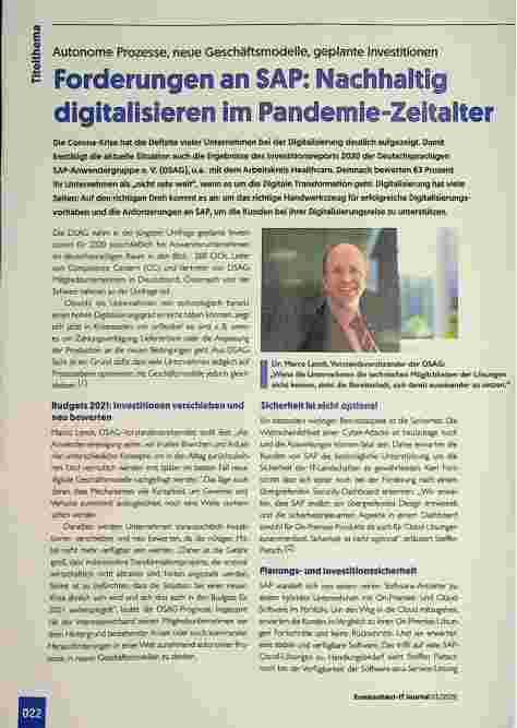 Vorschauseite 1: Autonome Prozesse, neue Geschäftsmodelle, geplante Investitionen - Forderungen an SAP: Nachhaltig digitalisieren im Pandemie-Zeitalter