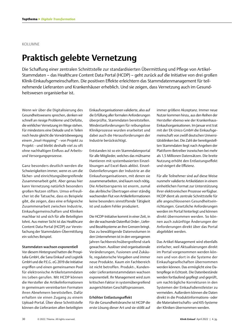 Vorschauseite 1: Kolumne: Praktisch gelebte Vernetzung