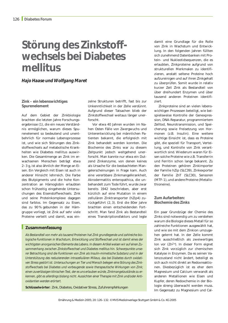 Vorschauseite 1: Störung des Zinkstoffwechsels bei Diabetes mellitus