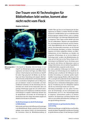 Vorschauseite 1: Der Traum von KI-Technologien für Bibliotheken lebt weiter, kommt aber nicht recht vom Fleck