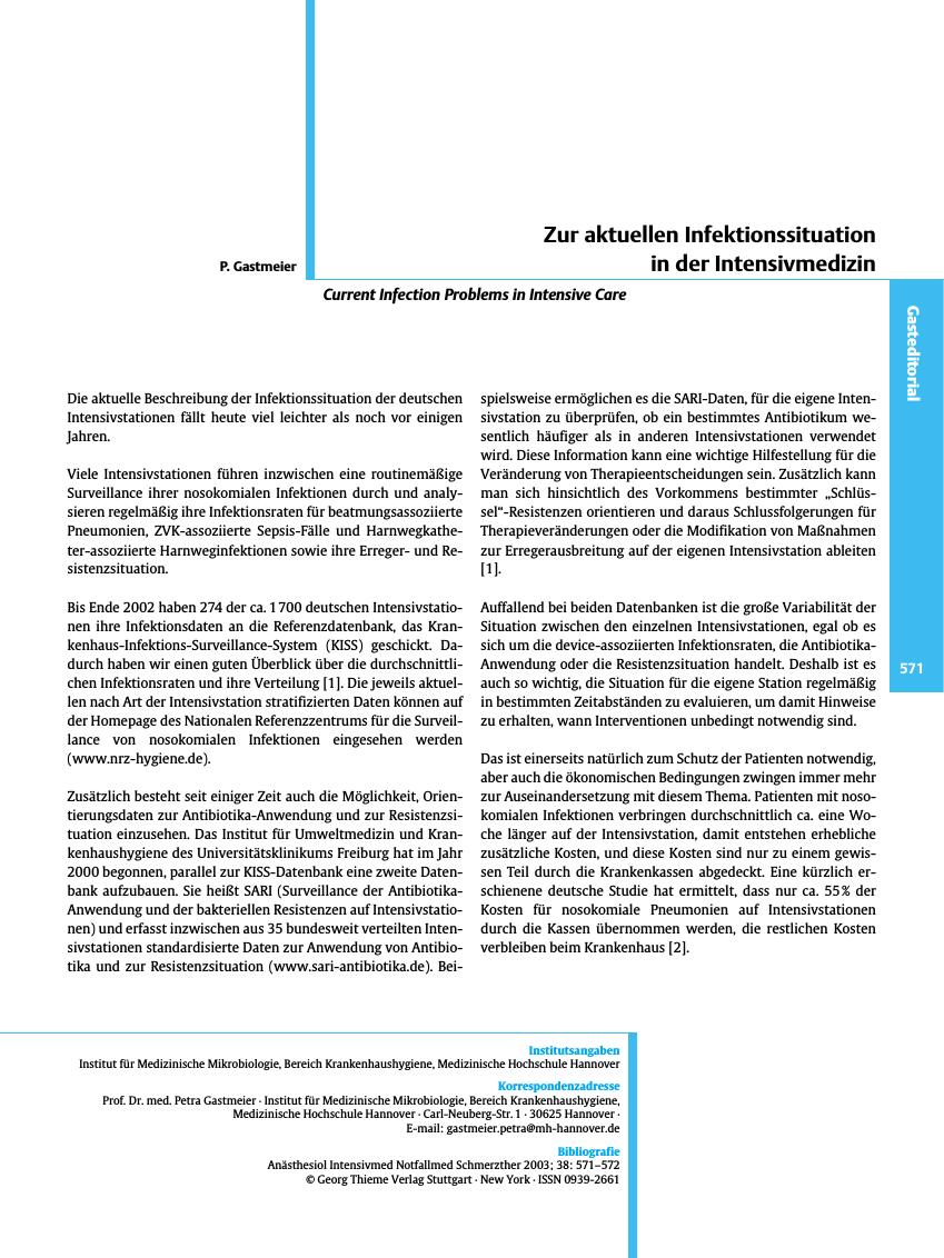 Vorschauseite 1: Zur aktuellen Infektionssituation in der Intensivmedizin