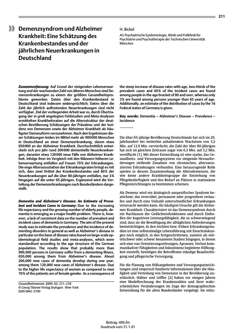 Vorschauseite 1: Demenzsyndrom und Alzheimer Krankheit: Eine Schätzung des Krankenbestandes und der jährlichen Neuerkrankungen in Deutschland