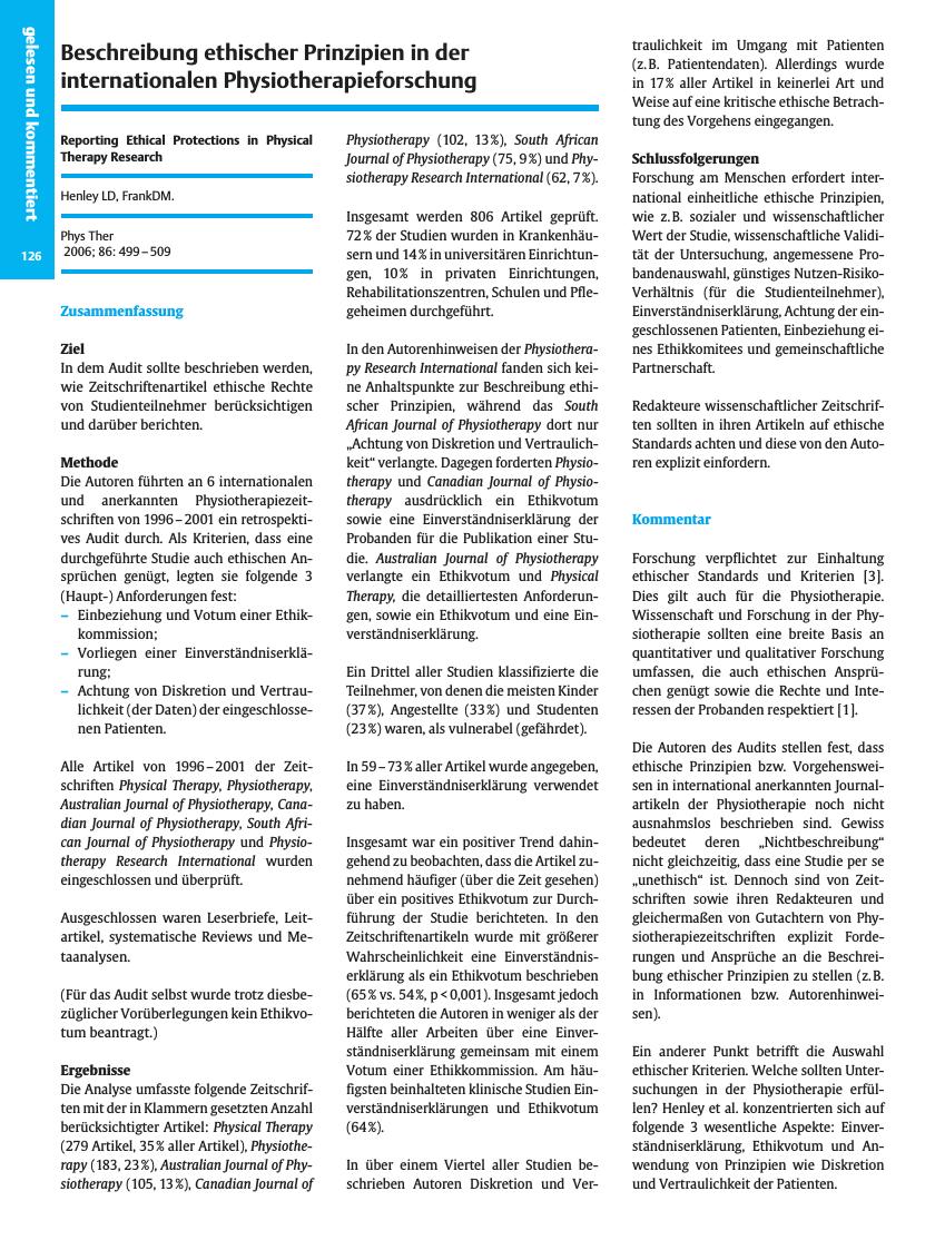 Vorschauseite 1: Beschreibung ethischer Prinzipien in der internationalen Physiotherapieforschung