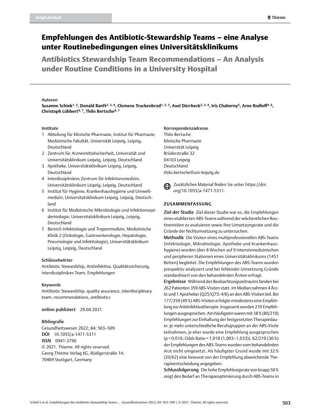 Vorschauseite 1: Empfehlungen des Antibiotic-Stewardship-Teams – eine Analyse unter Routinebedingungen eines Universitätsklinikums