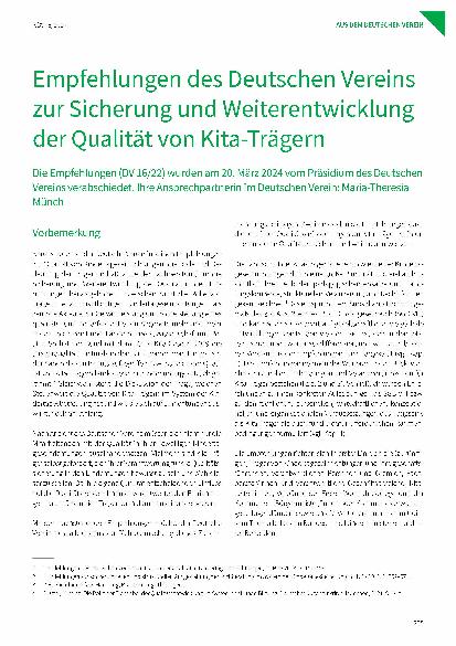 Vorschauseite 1: Empfehlungen des Deutschen Vereins zur Sicherung und Weiterentwicklung der Qualität von Kita-Trägern