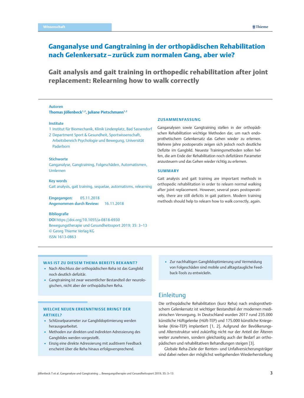 Vorschauseite 1: Ganganalyse und Gangtraining in der orthopädischen Rehabilitation nach Gelenkersatz – zurück zum normalen Gang, aber wie?
