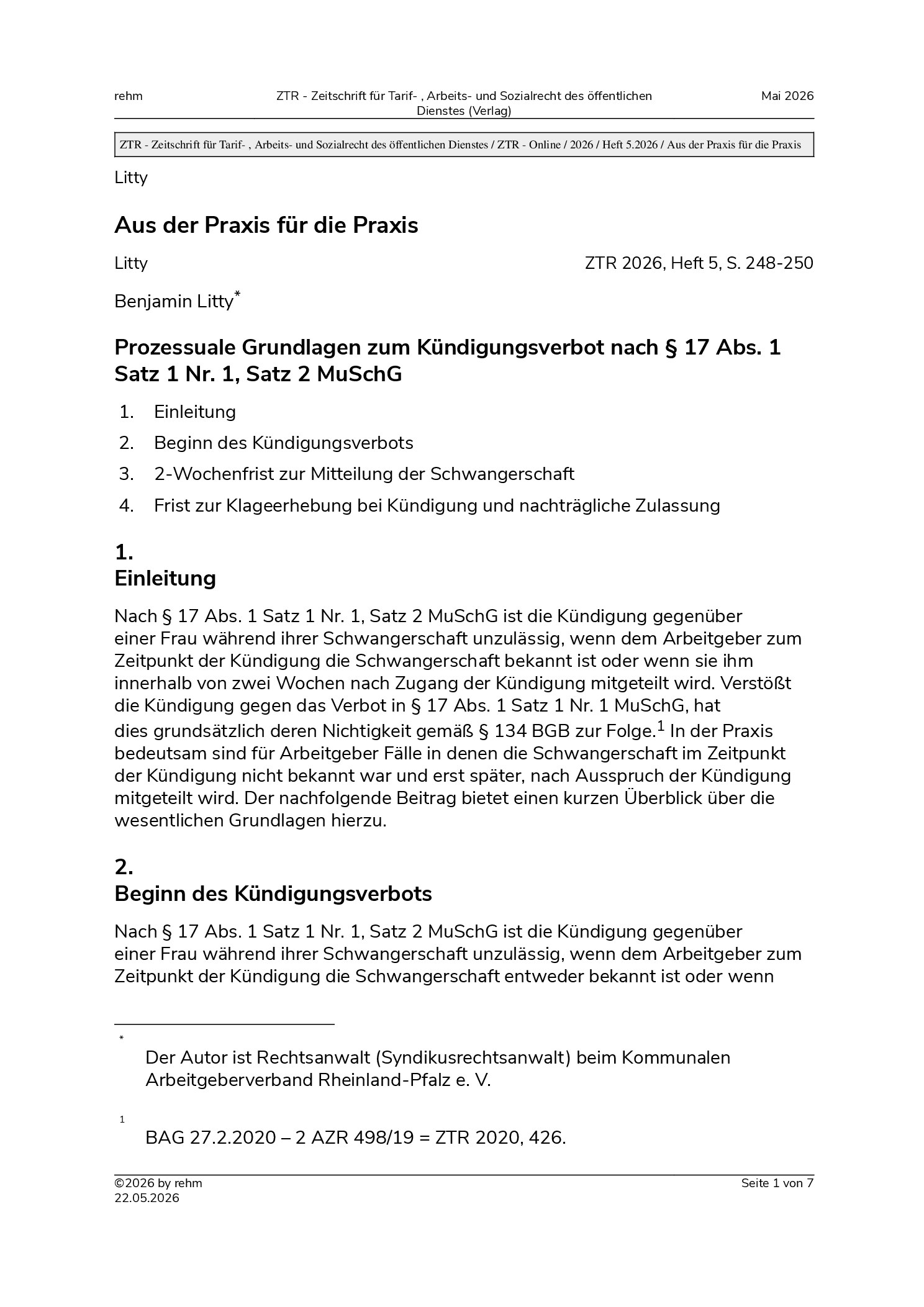Vorschauseite 1: Prozessuale Grundlagen zum Kündigungsverbot nach § 17 Abs. 1 Satz 1 Nr. 1, Satz 2 MuSchG
