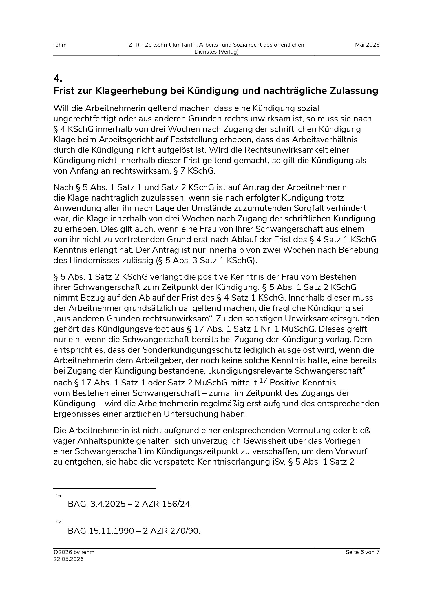 Vorschauseite 6: Prozessuale Grundlagen zum Kündigungsverbot nach § 17 Abs. 1 Satz 1 Nr. 1, Satz 2 MuSchG