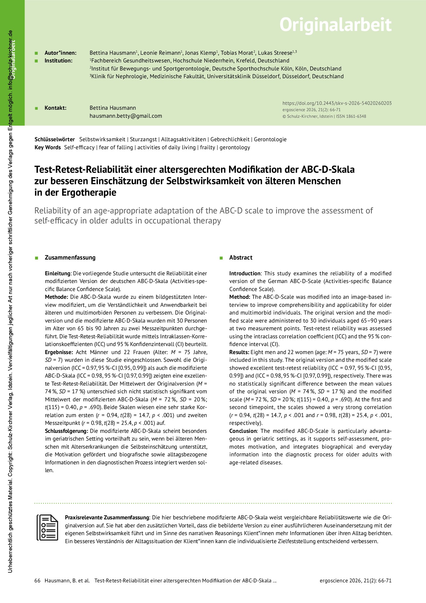 Vorschauseite 1: Test-Retest-Reliabilität einer altersgerechten Modifikation der ABC-D-Skala zur besseren Einschätzung der Selbstwirksamkeit von älteren Menschen in der Ergotherapie