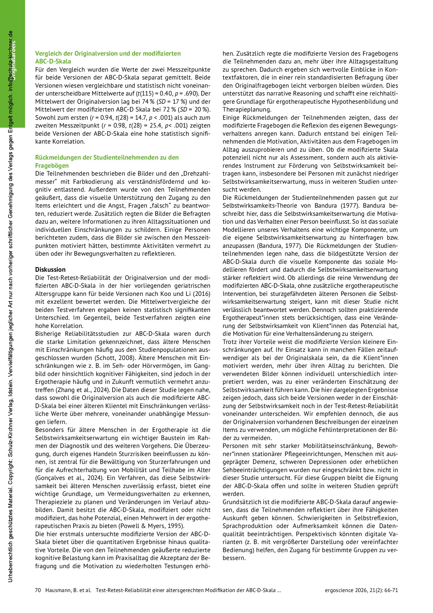 Vorschauseite 5: Test-Retest-Reliabilität einer altersgerechten Modifikation der ABC-D-Skala zur besseren Einschätzung der Selbstwirksamkeit von älteren Menschen in der Ergotherapie