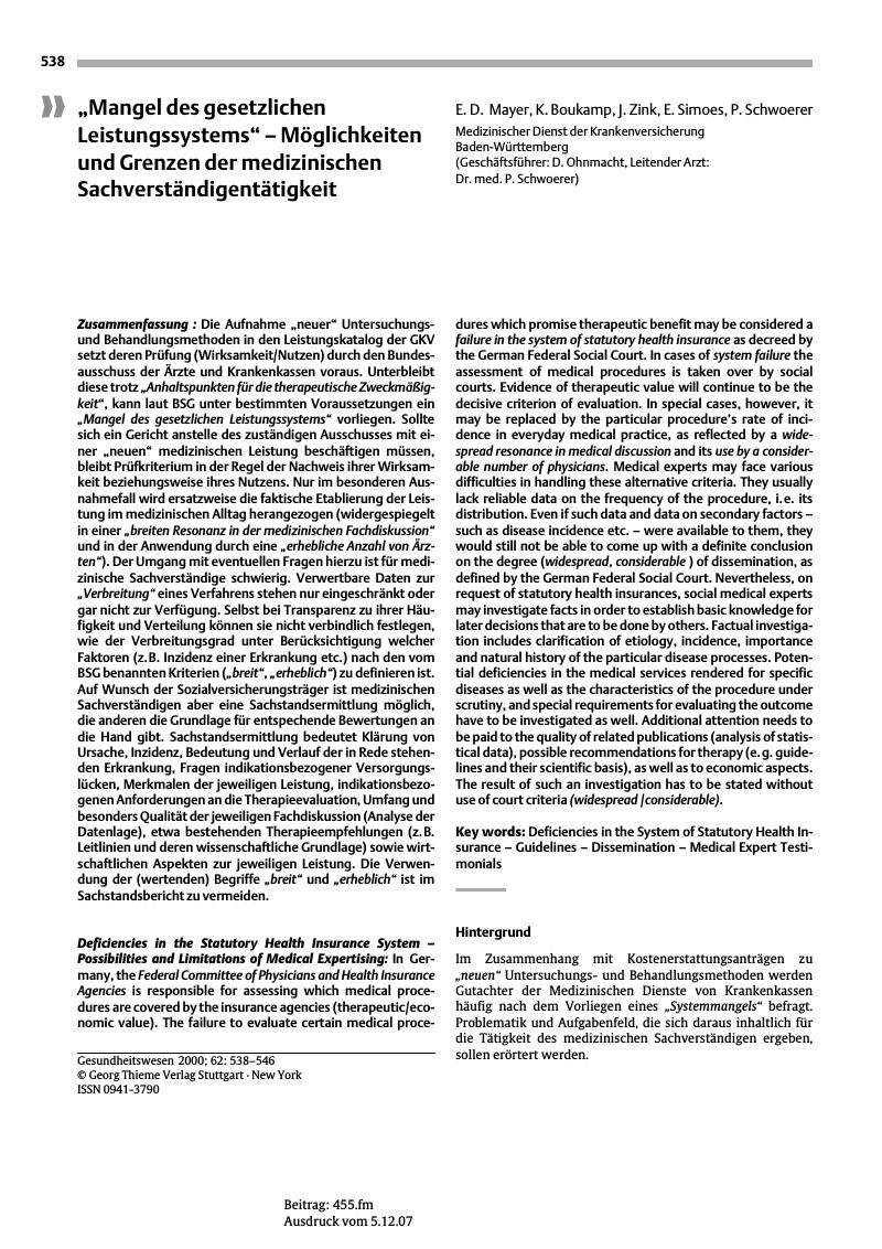 Vorschauseite 1: „Mangel des gesetzlichen Leistungssystems” - Möglichkeiten und Grenzen der medizinischen Sachverständigentätigkeit