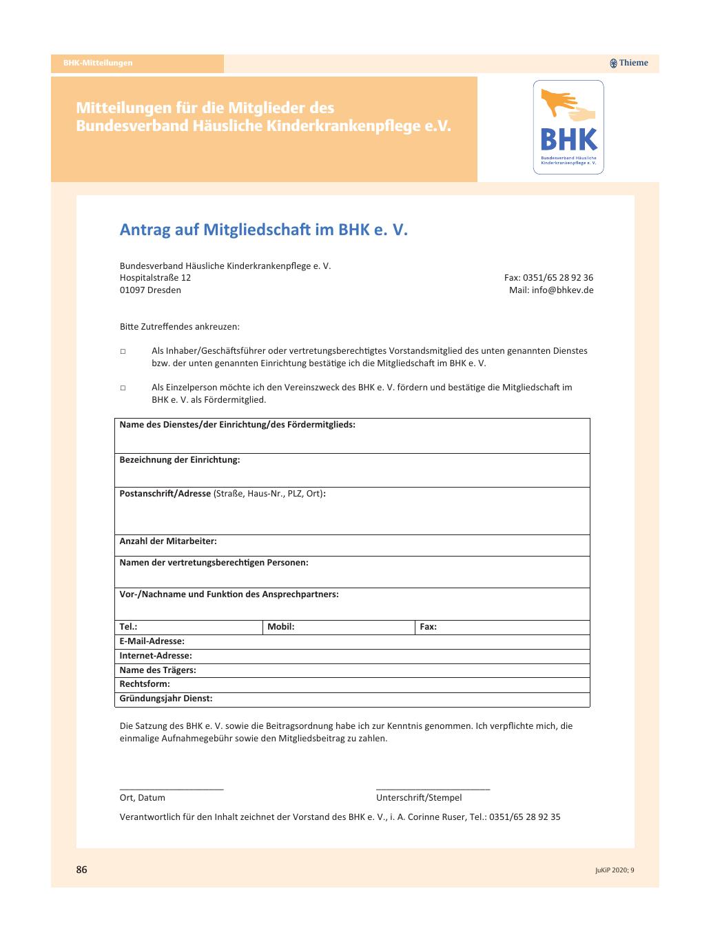 Vorschauseite 1: Antrag auf Mitgliedscha im BHK e. V.