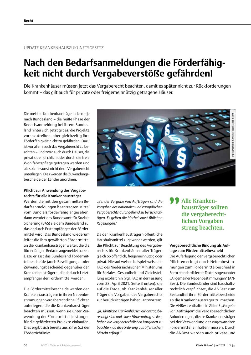Vorschauseite 1: Update Krankenhauszukunftsgesetz: Nach den Bedarfsanmeldungen die Förderfähigkeit nicht durch Vergabeverstöße gefährden!