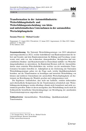 Vorschauseite 1: Transformation in der Automobilindustrie: Weiterbildungsbedarfe und Weiterbildungsentscheidung von kleinund mittelständischen Unternehmen in der automobilen Wertschöpfungskette