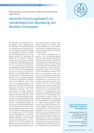 Vorschauseite 1: Weiterhin Forschungsbedarf zur mikrobiologischen Beprobung von flexiblen Endoskopen