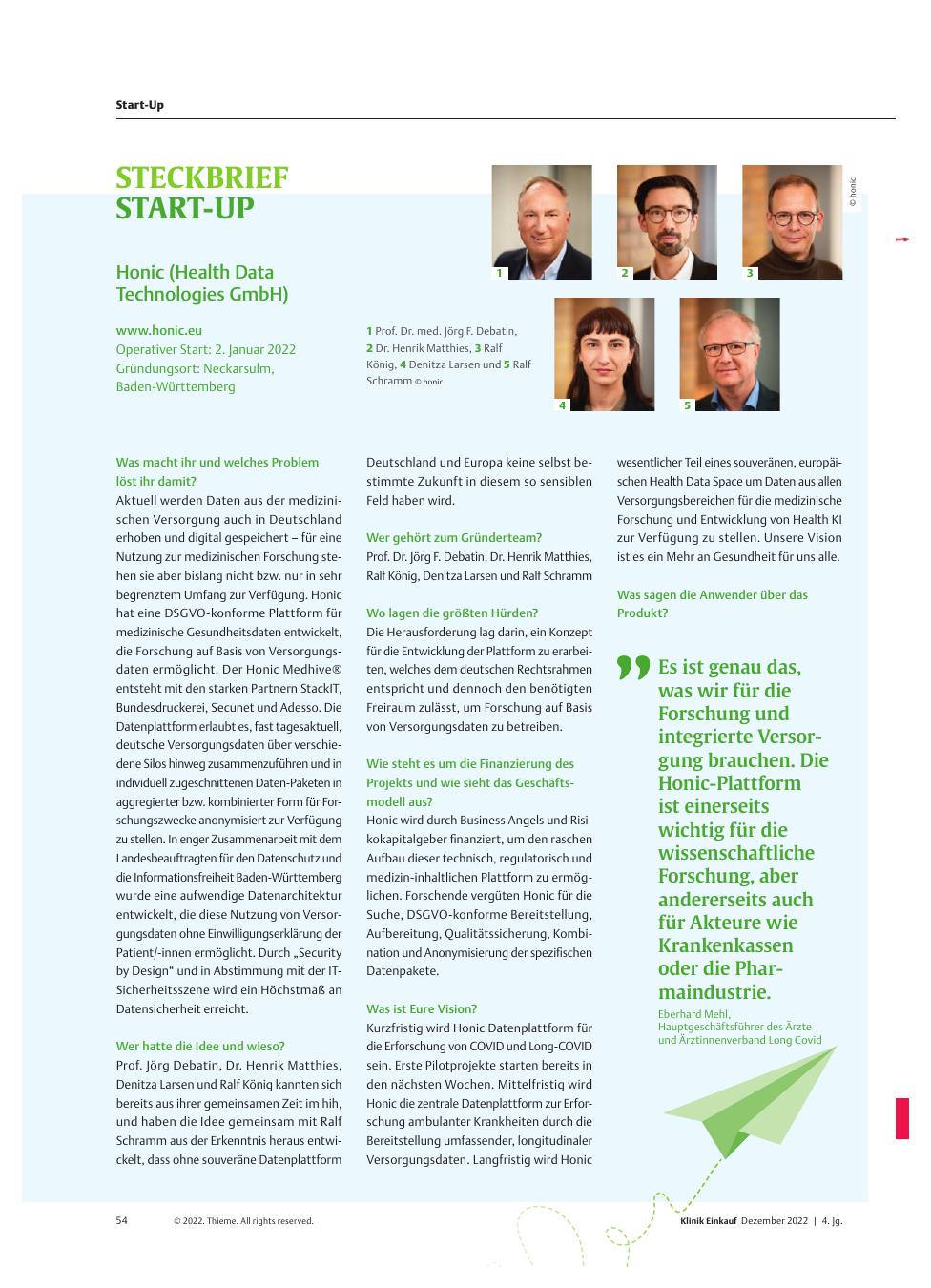 Vorschauseite 1: Steckbrief Start-Up: Honic (Health Data Technologies GmbH)