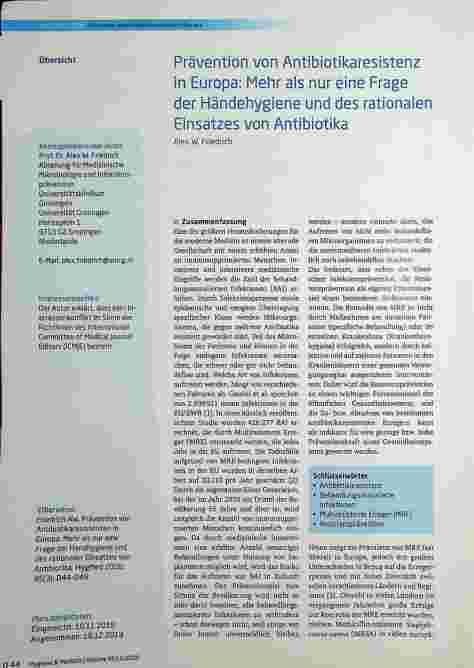 Vorschauseite 1: Prävention von Antibiotikaresistenz in Europa: Mehr als nur eine Frage der Händehygiene und des rationalen Einsatzes von Antibiotika