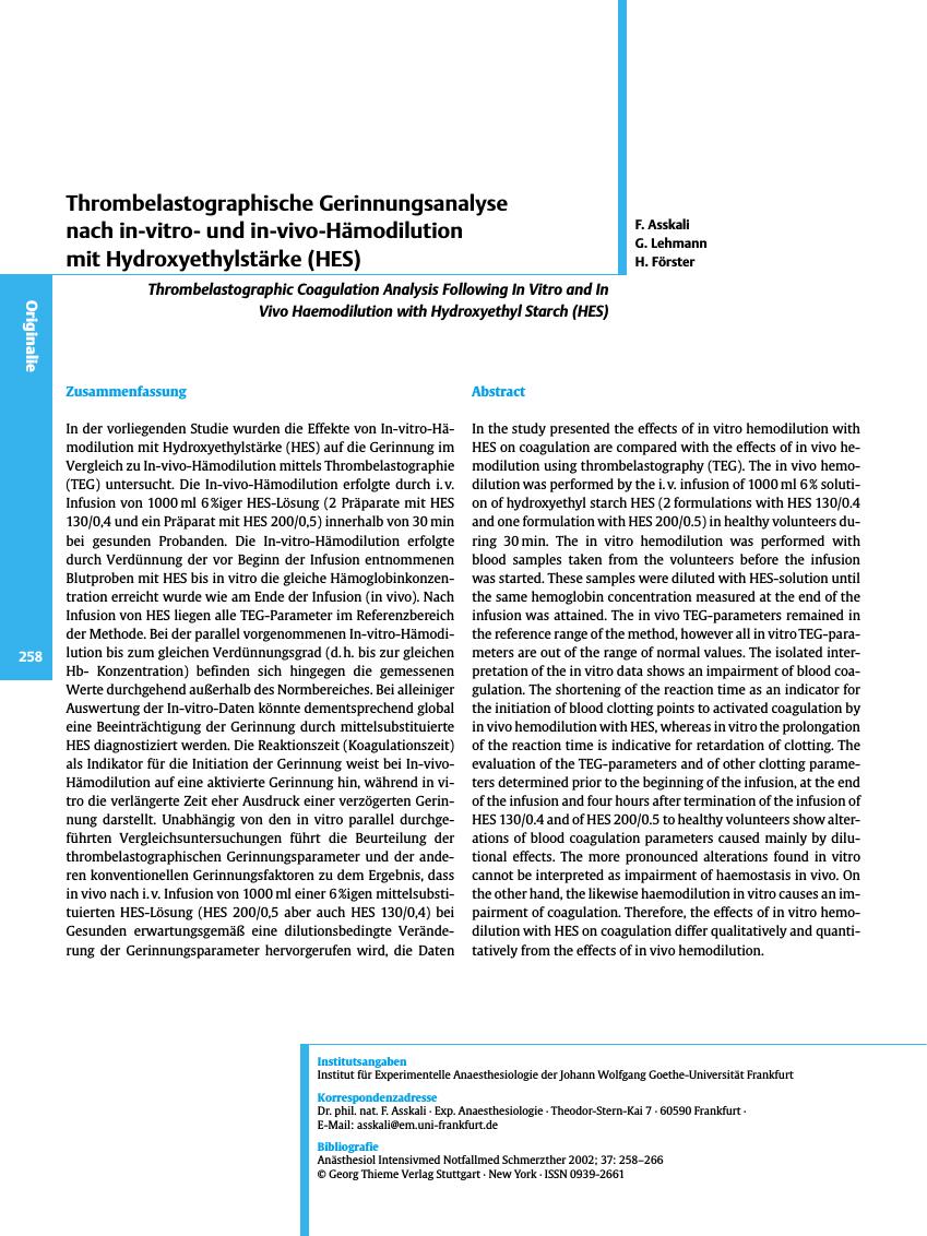 Vorschauseite 1: Thrombelastographische Gerinnungsanalyse nach in-vitround in-vivo-Hämodilution mit Hydroxyethylstärke (HES)