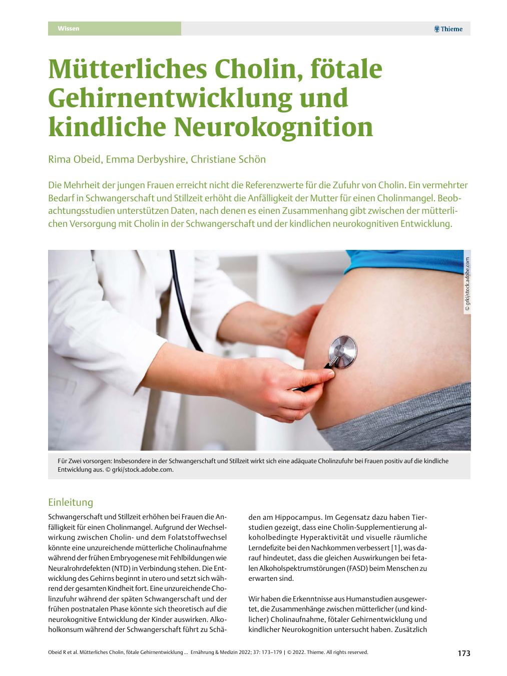 Vorschauseite 1: Mütterliches Cholin, fötale Gehirnentwicklung und kindliche Neurokognition
