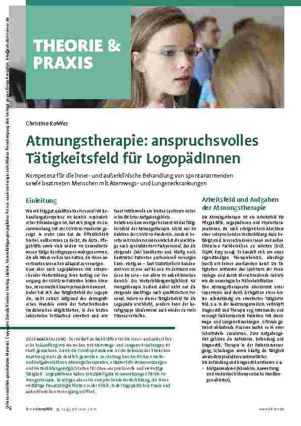 Vorschauseite 1: Atmungstherapie: anspruchsvolles Tätigkeitsfeld für Logopädinnen