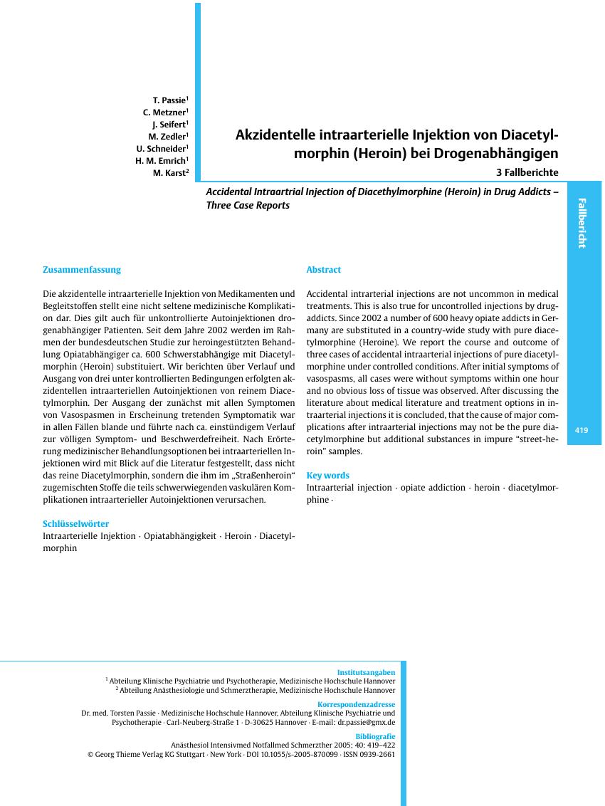 Vorschauseite 1: Akzidentelle intraarterielle Injektion von Diacetylmorphin (Heroin) bei Drogenabhängigen