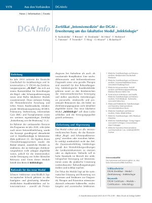Vorschauseite 1: Zertifikat „Intensivmedizin“ der DGAI – Erweiterung um das fakultative Modul „Infektiologie“