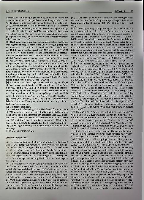 Vorschauseite 2: Hilfsmittelversorgung - Kostenerstattungsanspruch für selbstbeschaffte hochbrechende Brillengläser (hier: bejaht) - akkommodativer Strabismus (Schielen) bei Minderjährigem